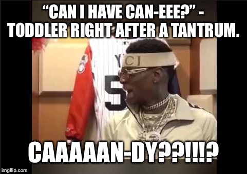 Soulja DRAKEEEEE | “CAN I HAVE CAN-EEE?” - TODDLER RIGHT AFTER A TANTRUM. CAAAAAN-DY??!!!? | image tagged in soulja drakeeeee | made w/ Imgflip meme maker