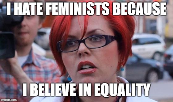 Angry Feminist | I HATE FEMINISTS BECAUSE; I BELIEVE IN EQUALITY | image tagged in angry feminist | made w/ Imgflip meme maker