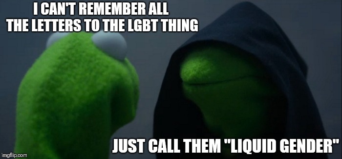 Evil Kermit | I CAN'T REMEMBER ALL THE LETTERS TO THE LGBT THING; JUST CALL THEM "LIQUID GENDER" | image tagged in memes,evil kermit | made w/ Imgflip meme maker