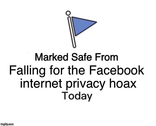 Marked safe | Falling for the Facebook internet privacy hoax | image tagged in marked safe from facebook meme template,memes,facebook,hoax | made w/ Imgflip meme maker