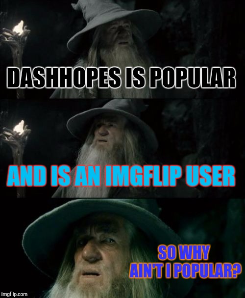 Confused Gandalf Meme | DASHHOPES IS POPULAR; AND IS AN IMGFLIP USER; SO WHY AIN'T I POPULAR? | image tagged in memes,confused gandalf,dashhopes,imgflip users,meanwhile on imgflip | made w/ Imgflip meme maker
