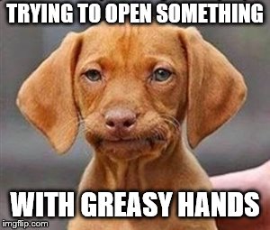 Frustrated dog | TRYING TO OPEN SOMETHING; WITH GREASY HANDS | image tagged in frustrated dog | made w/ Imgflip meme maker