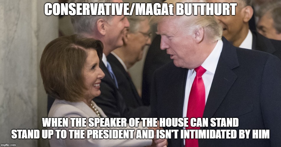 No I won't back down | CONSERVATIVE/MAGAt BUTTHURT; WHEN THE SPEAKER OF THE HOUSE CAN STAND STAND UP TO THE PRESIDENT AND ISN'T INTIMIDATED BY HIM | image tagged in donald trump,nancy pelosi | made w/ Imgflip meme maker