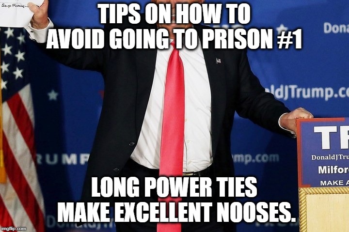 Tips on How to Avoid Going to Prison #1 | TIPS ON HOW TO AVOID GOING TO PRISON #1; LONG POWER TIES MAKE EXCELLENT NOOSES. | image tagged in donald trump,fashion,suicide,prison,tips,traitor | made w/ Imgflip meme maker