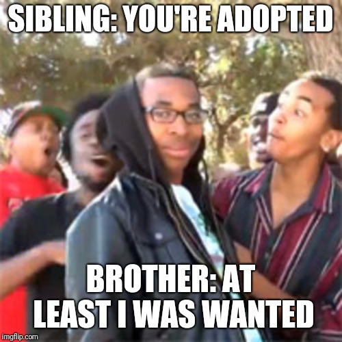 black boy roast | SIBLING: YOU'RE ADOPTED; BROTHER: AT LEAST I WAS WANTED | image tagged in black boy roast | made w/ Imgflip meme maker