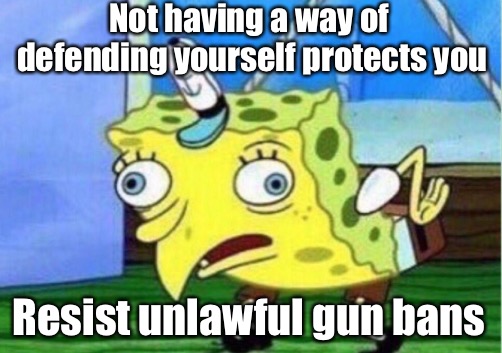 Mocking Spongebob | Not having a way of defending yourself protects you; Resist unlawful gun bans | image tagged in memes,mocking spongebob | made w/ Imgflip meme maker