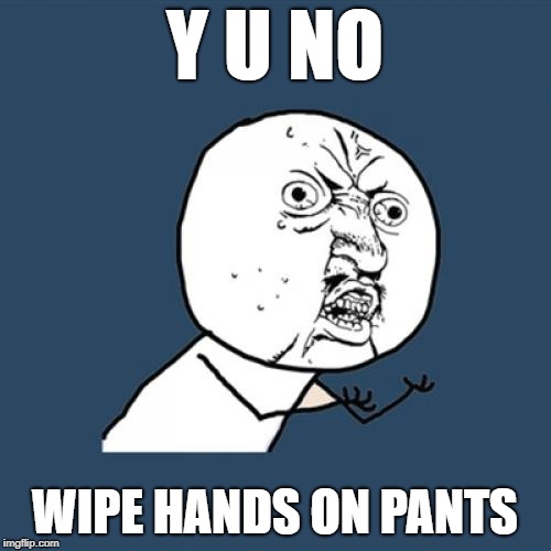 Y U No Meme | Y U NO WIPE HANDS ON PANTS | image tagged in memes,y u no | made w/ Imgflip meme maker