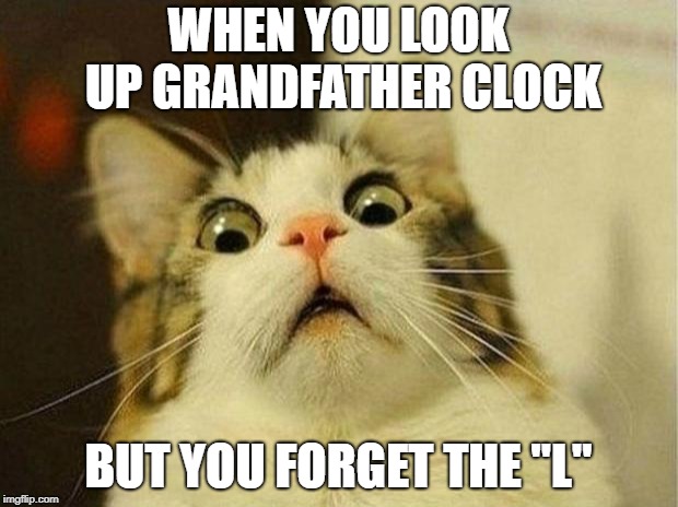 Scared Cat | WHEN YOU LOOK UP GRANDFATHER CLOCK; BUT YOU FORGET THE "L" | image tagged in memes,scared cat | made w/ Imgflip meme maker