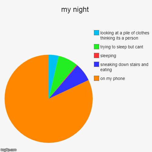 my night | on my phone, sneaking down stairs and eating, sleeping, trying to sleep but cant, looking at a pile of clothes thinking its a per | image tagged in funny,pie charts | made w/ Imgflip chart maker