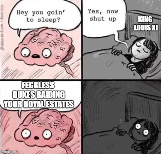 waking up brain | KING LOUIS XI; FECKLESS DUKES RAIDING YOUR ROYAL ESTATES | image tagged in waking up brain | made w/ Imgflip meme maker