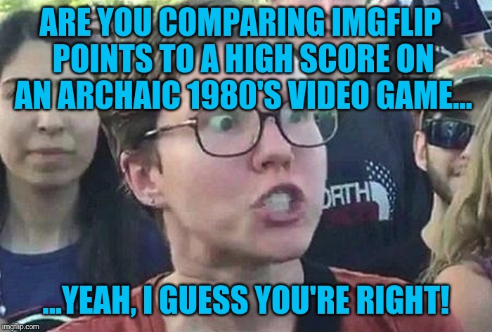 Triggered Liberal | ARE YOU COMPARING IMGFLIP POINTS TO A HIGH SCORE ON AN ARCHAIC 1980'S VIDEO GAME... ...YEAH, I GUESS YOU'RE RIGHT! | image tagged in triggered liberal | made w/ Imgflip meme maker