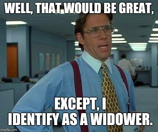 That Would Be Great Meme | WELL, THAT WOULD BE GREAT, EXCEPT, I IDENTIFY AS A WIDOWER. | image tagged in memes,that would be great | made w/ Imgflip meme maker