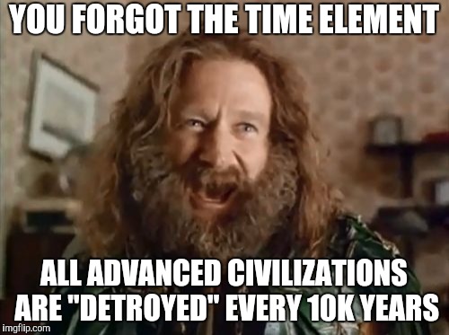 What Year Is It Meme | YOU FORGOT THE TIME ELEMENT ALL ADVANCED CIVILIZATIONS ARE "DETROYED" EVERY 10K YEARS | image tagged in memes,what year is it | made w/ Imgflip meme maker