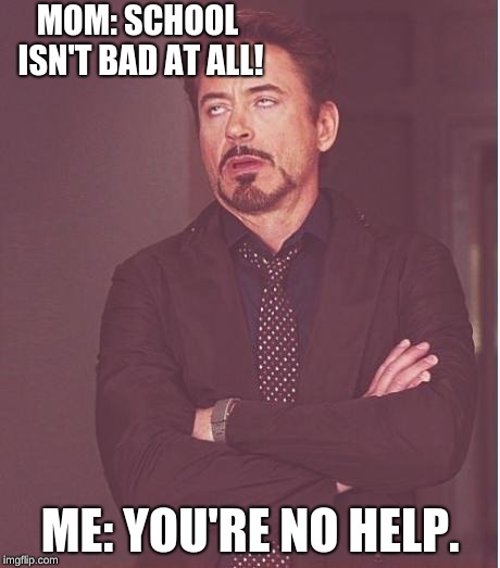 iron man eye roll | MOM: SCHOOL ISN'T BAD AT ALL! ME: YOU'RE NO HELP. | image tagged in iron man eye roll | made w/ Imgflip meme maker