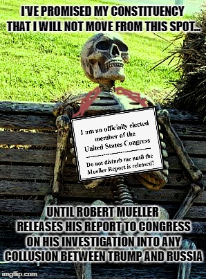 On February 1st, 2019, Robert Mueller's investigation will be in its 626th day. How long do we have to wait for the report?  | I'VE PROMISED MY CONSTITUENCY THAT I WILL NOT MOVE FROM THIS SPOT... UNTIL ROBERT MUELLER RELEASES HIS REPORT TO CONGRESS ON HIS INVESTIGATION INTO ANY COLLUSION BETWEEN TRUMP AND RUSSIA | image tagged in waiting skeleton,robert mueller,congress,donald trump approves,trump russia collusion,memes | made w/ Imgflip meme maker