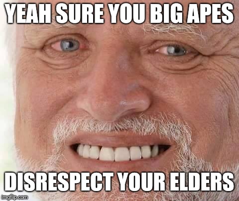 harold smiling | YEAH SURE YOU BIG APES DISRESPECT YOUR ELDERS | image tagged in harold smiling | made w/ Imgflip meme maker