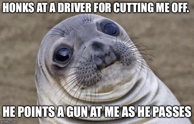 Awkward Moment Sealion | HONKS AT A DRIVER FOR CUTTING ME OFF. HE POINTS A GUN AT ME AS HE PASSES | image tagged in memes,awkward moment sealion,AdviceAnimals | made w/ Imgflip meme maker