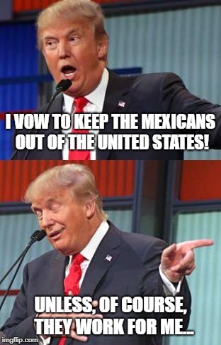 ID-10-T | I VOW TO KEEP THE MEXICANS OUT OF THE UNITED STATES! UNLESS, OF COURSE,  THEY WORK FOR ME... | image tagged in donald trump,illegal immigration,hypocrisy | made w/ Imgflip meme maker