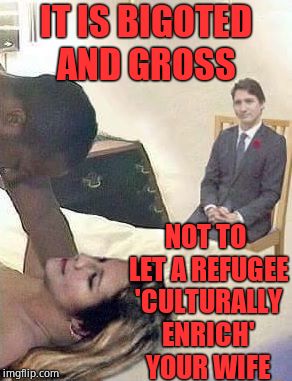 Cuck Trudeau | IT IS BIGOTED AND GROSS NOT TO LET A REFUGEE 'CULTURALLY ENRICH' YOUR WIFE | image tagged in cuck trudeau | made w/ Imgflip meme maker
