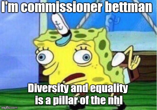 Mocking Spongebob | I'm commissioner bettman; Diversity and equality is a pillar of the nhl | image tagged in memes,mocking spongebob | made w/ Imgflip meme maker