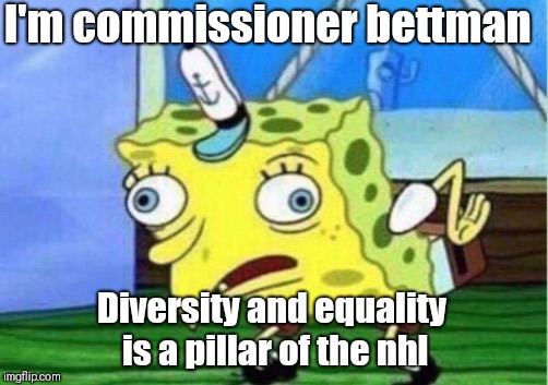 Mocking Spongebob Meme | I'm commissioner bettman; Diversity and equality is a pillar of the nhl | image tagged in memes,mocking spongebob | made w/ Imgflip meme maker