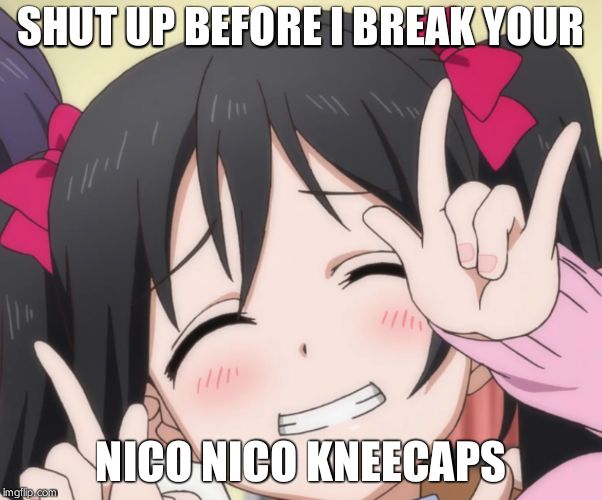 NICO-NICO-NI |  SHUT UP BEFORE I BREAK YOUR; NICO NICO KNEECAPS | image tagged in nico-nico-ni | made w/ Imgflip meme maker