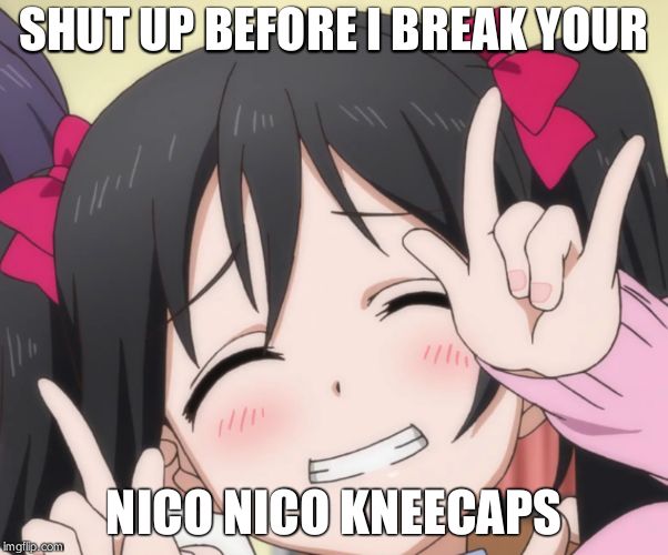 NICO-NICO-NI | SHUT UP BEFORE I BREAK YOUR; NICO NICO KNEECAPS | image tagged in nico-nico-ni | made w/ Imgflip meme maker