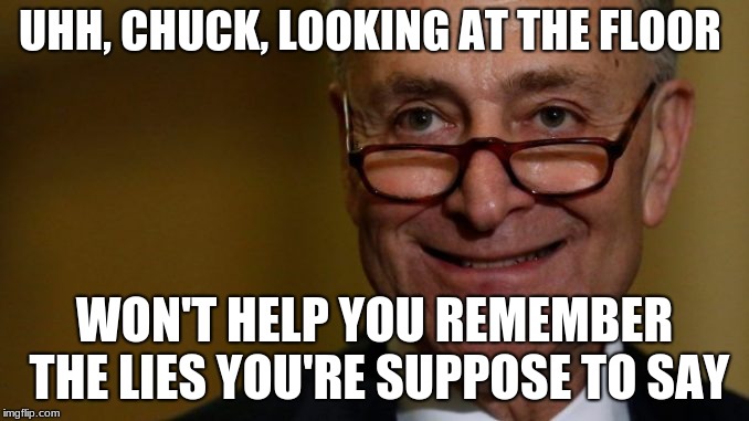 Leering Chuck Schumer mask | UHH, CHUCK, LOOKING AT THE FLOOR; WON'T HELP YOU REMEMBER THE LIES YOU'RE SUPPOSE TO SAY | image tagged in leering chuck schumer mask | made w/ Imgflip meme maker