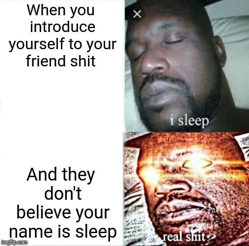 Sleeping Shaq Meme | When you introduce yourself to your friend shit; And they don't believe your name is sleep | image tagged in memes,sleeping shaq | made w/ Imgflip meme maker