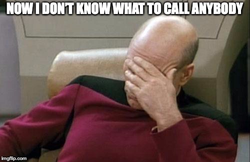 Captain Picard Facepalm Meme | NOW I DON’T KNOW WHAT TO CALL ANYBODY | image tagged in memes,captain picard facepalm | made w/ Imgflip meme maker