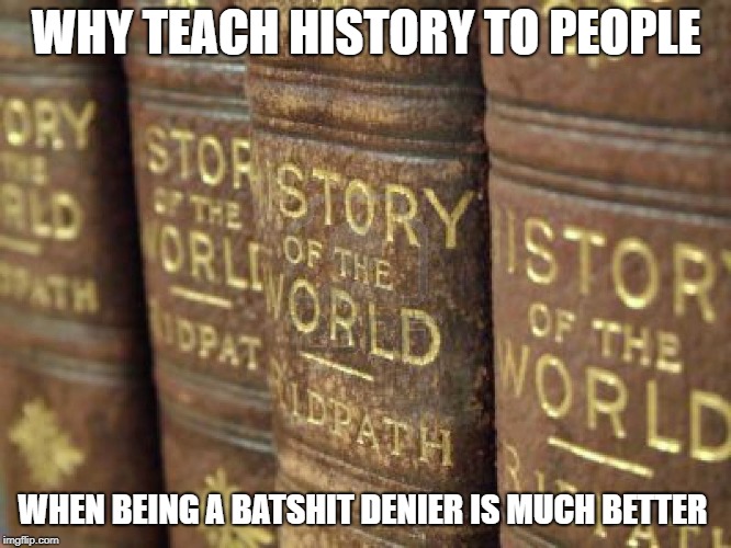 History books | WHY TEACH HISTORY TO PEOPLE; WHEN BEING A BATSHIT DENIER IS MUCH BETTER | image tagged in history books | made w/ Imgflip meme maker