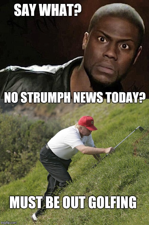 Strumphing Good News | SAY WHAT? NO STRUMPH NEWS TODAY? MUST BE OUT GOLFING | image tagged in memes,kevin hart,trump golfing,news,breaking news,strumph | made w/ Imgflip meme maker