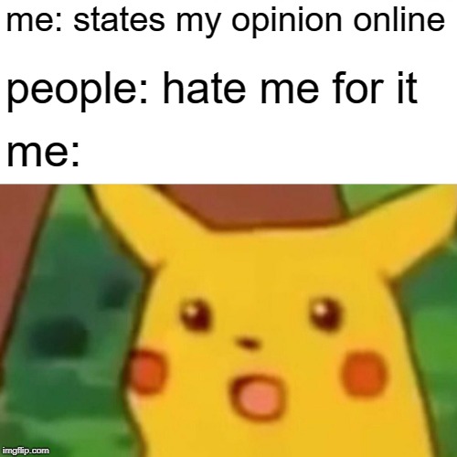 Surprised Pikachu | me: states my opinion online; people: hate me for it; me: | image tagged in memes,surprised pikachu | made w/ Imgflip meme maker