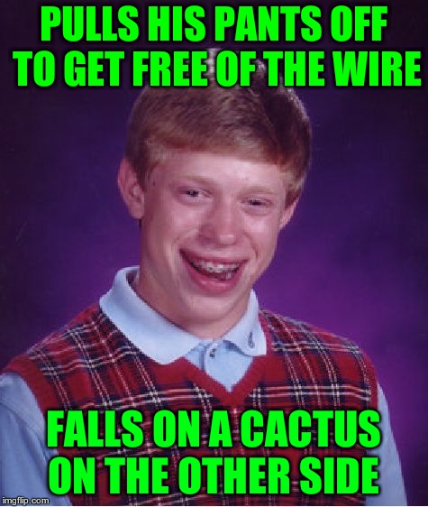 Bad Luck Brian Meme | PULLS HIS PANTS OFF TO GET FREE OF THE WIRE FALLS ON A CACTUS ON THE OTHER SIDE | image tagged in memes,bad luck brian | made w/ Imgflip meme maker