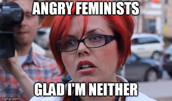 Angry Feminist | ANGRY FEMINISTS; GLAD I'M NEITHER | image tagged in angry feminist | made w/ Imgflip meme maker