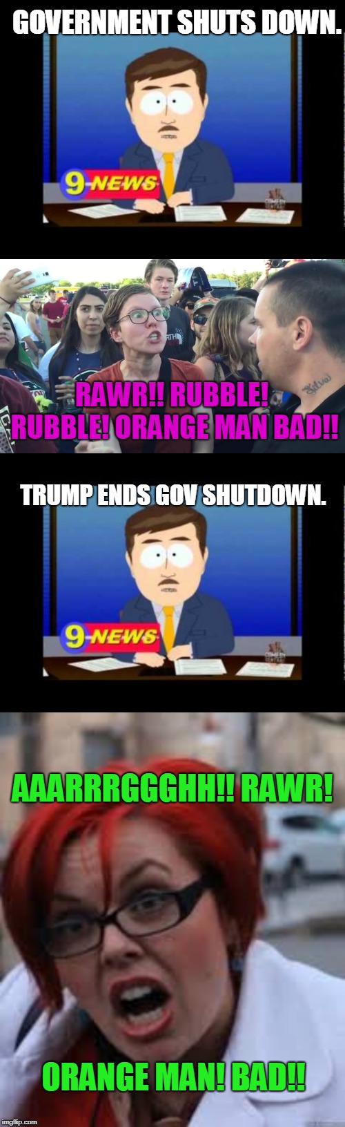 Is it me? Or seems like there's a glitch in the Matrix? | GOVERNMENT SHUTS DOWN. RAWR!! RUBBLE! RUBBLE! ORANGE MAN BAD!! TRUMP ENDS GOV SHUTDOWN. AAARRRGGGHH!! RAWR! ORANGE MAN! BAD!! | image tagged in south park news reporter,sjw triggered,orange man bad | made w/ Imgflip meme maker