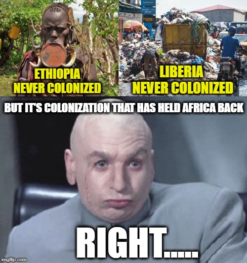 Colonization Has Destroyed Africa | LIBERIA NEVER COLONIZED; ETHIOPIA NEVER COLONIZED; BUT IT'S COLONIZATION THAT HAS HELD AFRICA BACK; RIGHT..... | image tagged in dr evil right,africa,colonialism,alt right,race | made w/ Imgflip meme maker