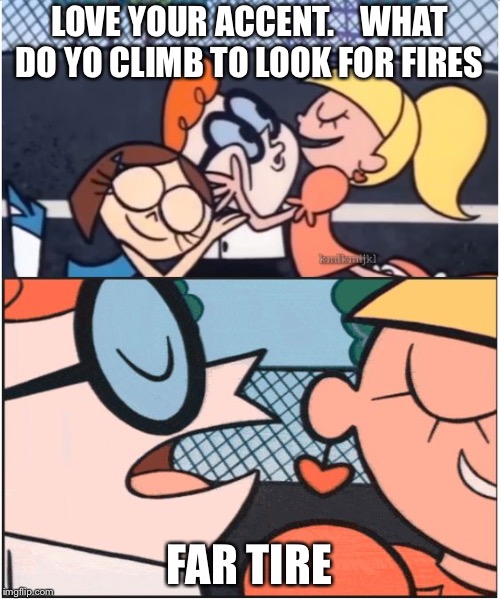 Dexters Lab | LOVE YOUR ACCENT.  
 WHAT DO YO CLIMB TO LOOK FOR FIRES; FAR TIRE | image tagged in dexters lab | made w/ Imgflip meme maker