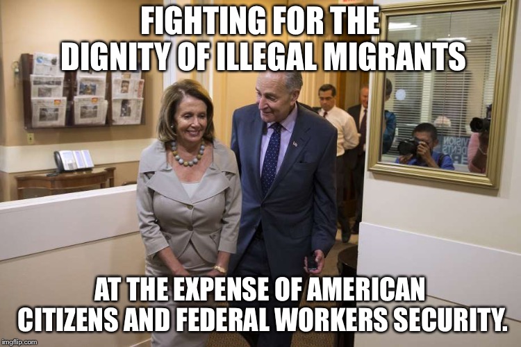 schumer Pelosi | FIGHTING FOR THE DIGNITY OF ILLEGAL MIGRANTS AT THE EXPENSE OF AMERICAN CITIZENS AND FEDERAL WORKERS SECURITY. | image tagged in schumer pelosi | made w/ Imgflip meme maker