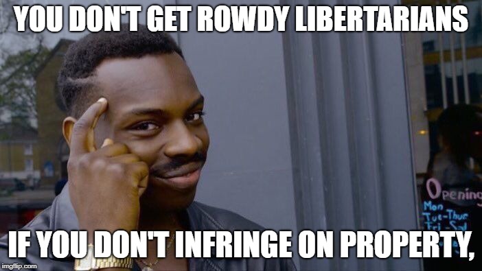 Roll Safe Think About It Meme | YOU DON'T GET ROWDY LIBERTARIANS; IF YOU DON'T INFRINGE ON PROPERTY, | image tagged in memes,roll safe think about it,libertarian | made w/ Imgflip meme maker