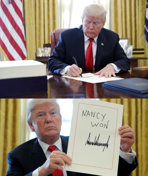 Nancy won | image tagged in nancy won,donald trump caved | made w/ Imgflip meme maker