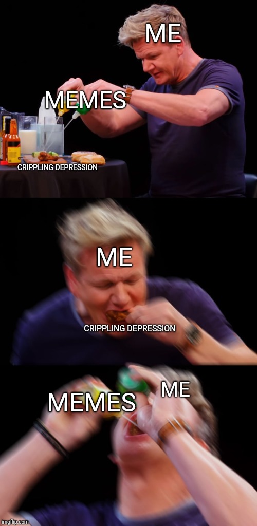 My Life |  ME; MEMES; CRIPPLING DEPRESSION; ME; CRIPPLING DEPRESSION; ME; MEMES | image tagged in memes,hot ones,depression,my life | made w/ Imgflip meme maker