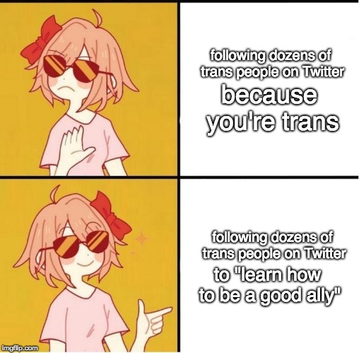 Sayori Drake | following dozens of trans people on Twitter; because you're trans; following dozens of trans people on Twitter; to "learn how to be a good ally" | image tagged in sayori drake,egg_irl | made w/ Imgflip meme maker