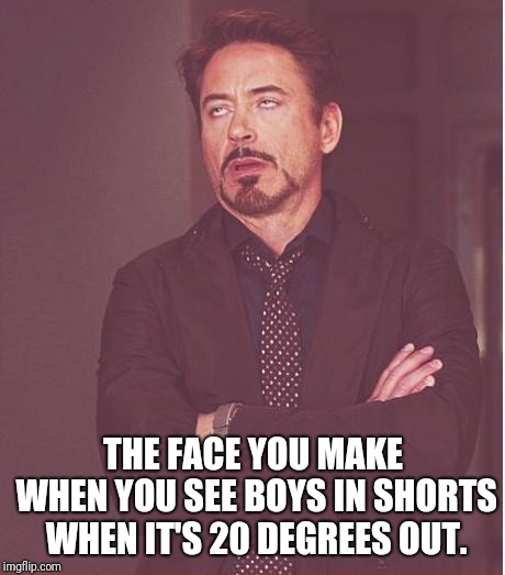 Face You Make Robert Downey Jr Meme |  THE FACE YOU MAKE WHEN YOU SEE BOYS IN SHORTS WHEN IT'S 20 DEGREES OUT. | image tagged in memes,face you make robert downey jr | made w/ Imgflip meme maker