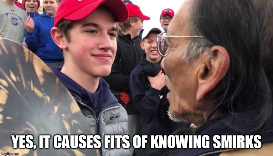 Creepy MAGA Kid | YES, IT CAUSES FITS OF KNOWING SMIRKS | image tagged in creepy maga kid | made w/ Imgflip meme maker