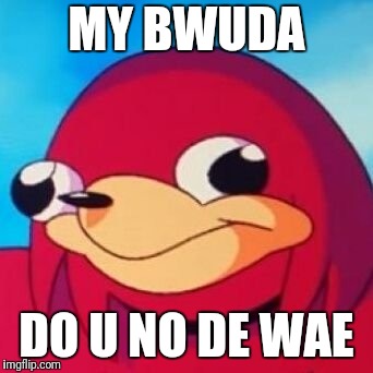 Ugandan Knuckles | MY BWUDA DO U NO DE WAE | image tagged in ugandan knuckles | made w/ Imgflip meme maker