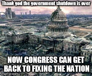 If it ain't broke, just let Congress get a crack at it. | Thank god the government shutdown is over; NOW CONGRESS CAN GET BACK TO FIXING THE NATION | image tagged in government shutdown | made w/ Imgflip meme maker