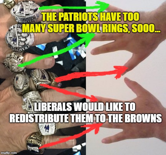 NFL version of liberals redistribution of wealth... | THE PATRIOTS HAVE TOO MANY SUPER BOWL RINGS, SOOO... LIBERALS WOULD LIKE TO REDISTRIBUTE THEM TO THE BROWNS | image tagged in liberals,liberal logic,nfl,new england patriots,cleveland browns,wealth | made w/ Imgflip meme maker