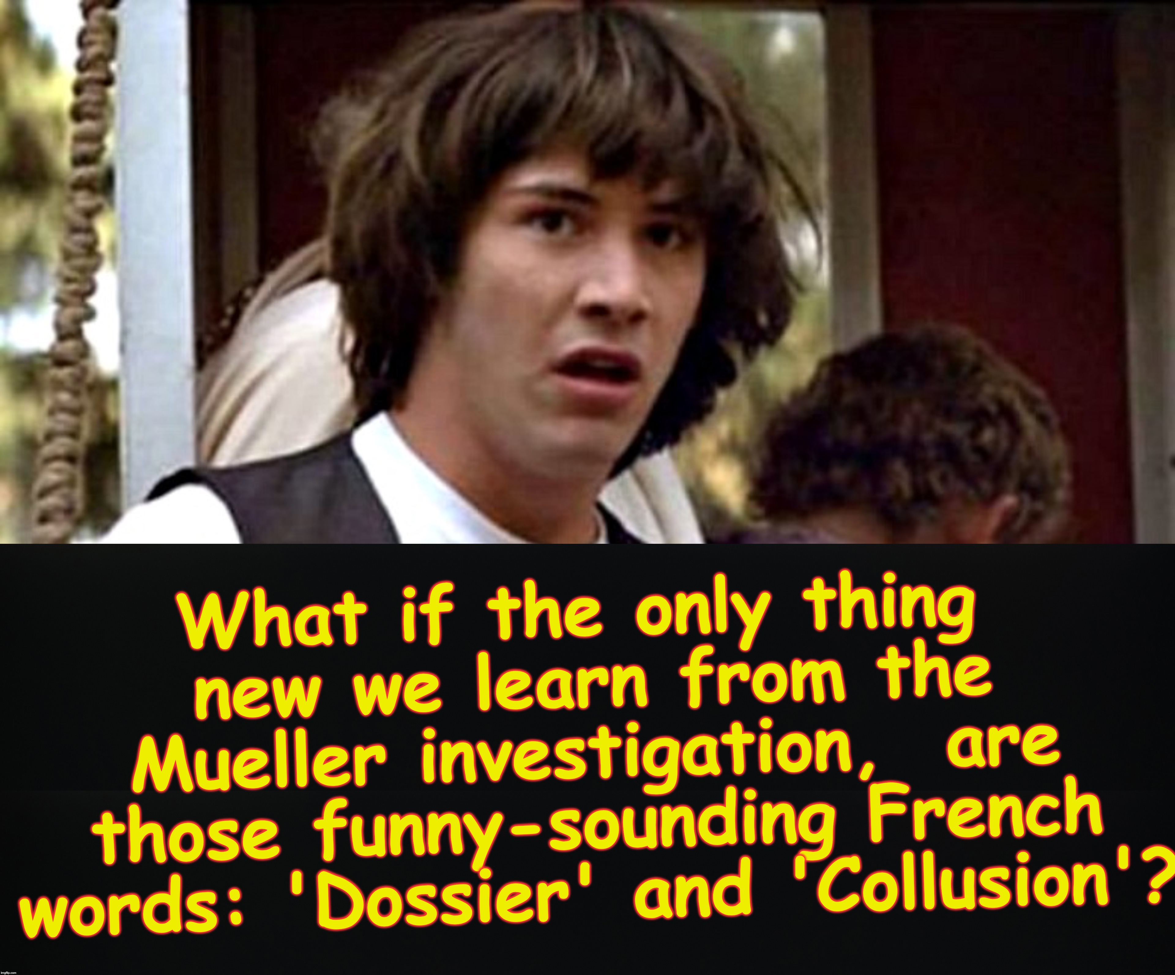 What if the only thing new we learn from the Mueller investigation,  are those funny-sounding French words: 'Dossier' and 'Collusion'? | image tagged in what if guy | made w/ Imgflip meme maker