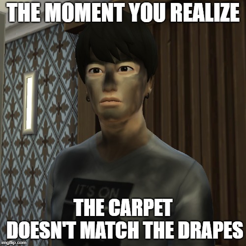 The carpet does not match | THE MOMENT YOU REALIZE; THE CARPET DOESN'T MATCH THE DRAPES | image tagged in the moment you realize,the sims,the carpet doesnt match the drapes,drapes,carpet,funny | made w/ Imgflip meme maker